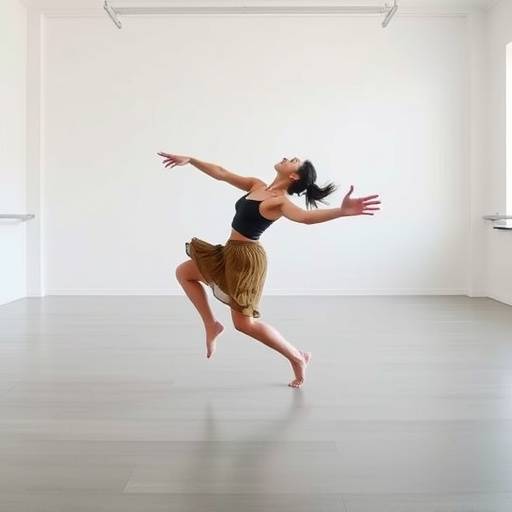A dancer captured in motion within a spacious studio with clean, white walls