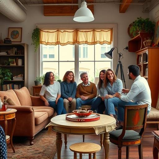 A family smiling and interacting in a warm, inviting studio with vintage furniture