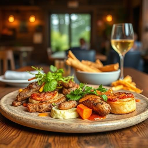 Artfully arranged gourmet food items on a rustic wooden table, lit with warm, inviting light.