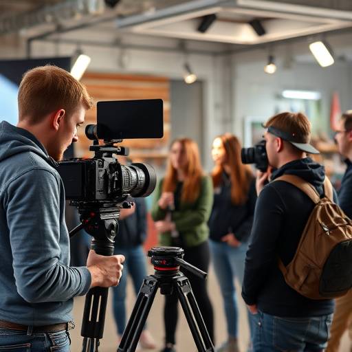 Behind-the-scenes footage of a commercial shoot showing a director interacting with the crew and talent.