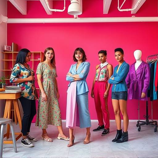 Editorial fashion spread set in a vibrant, colourful studio space, showcasing contemporary styles.