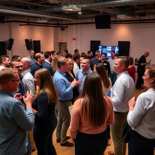Energetic candid shots of guests mingling and celebrating at a corporate event held in a spacious studio.