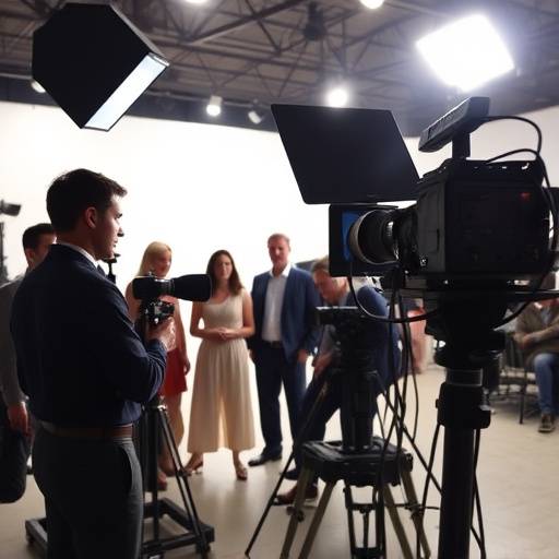 Filming a scene with actors in a well-lit, versatile studio space equipped with professional cameras.