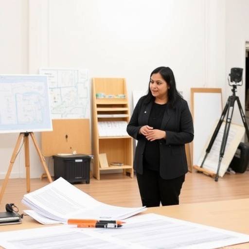 Founder Anya Sharma discussing studio plans with a colleague
