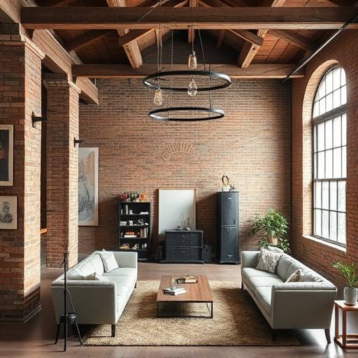 Industrial-chic loft studio with exposed brick, wooden beams, and versatile furniture