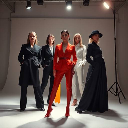 Model wearing avant-garde clothing in a minimalist studio setting with dramatic lighting.