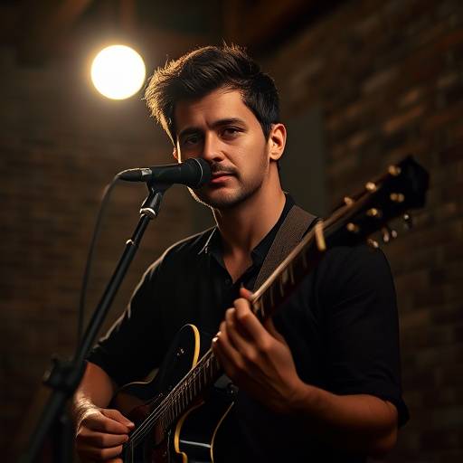 Portrait of a musician with dramatic lighting in an industrial-style studio with brick walls