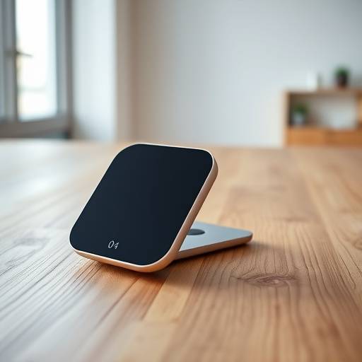 Product photograph of a sleek gadget on a minimalist wooden surface in a well-lit studio