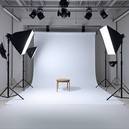 Professional portrait studio setup with backdrop stands, softboxes, and a comfortable seating area