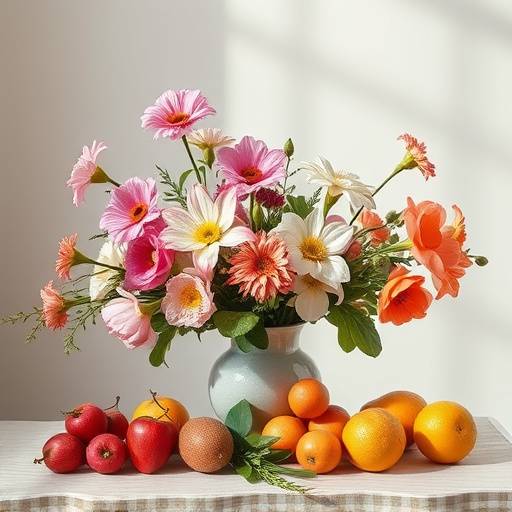 Still life arrangement of flowers and fruits in a studio with soft, diffused lighting