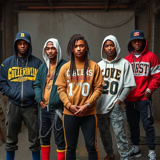 Streetwear brand lookbook featuring diverse models against a gritty urban-themed studio backdrop.